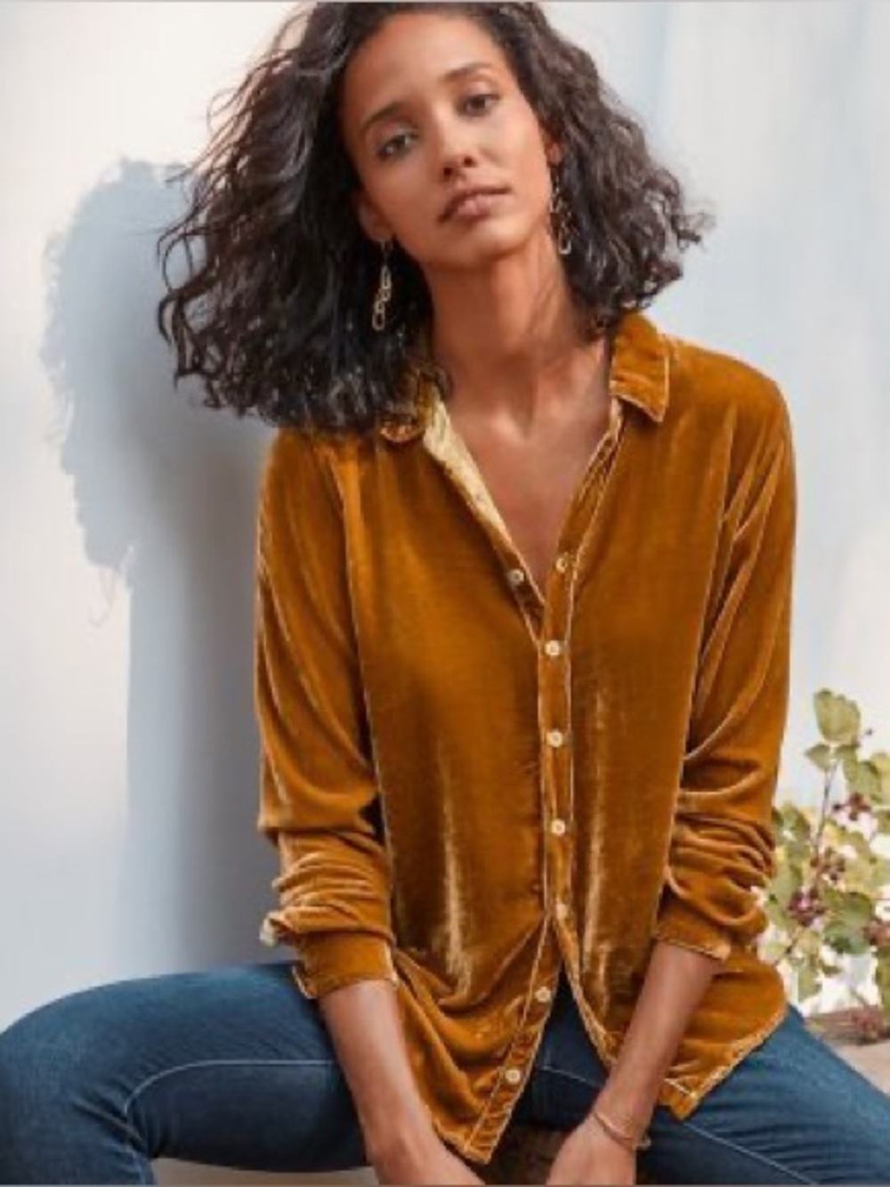 CP Shades Romy Velvet Shirt Medium Silk Blend Mustard Boho Button Down Blouse
